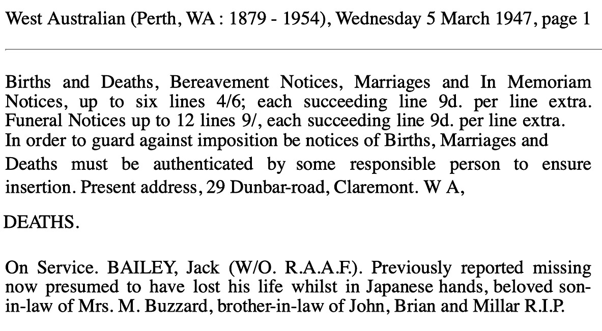 John (Jack) Pretty Bailey presumed dead.